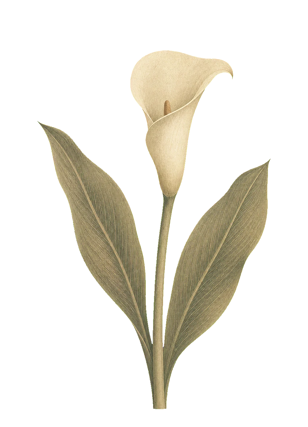 An archival ivory calla lily with two broad olive leaves.