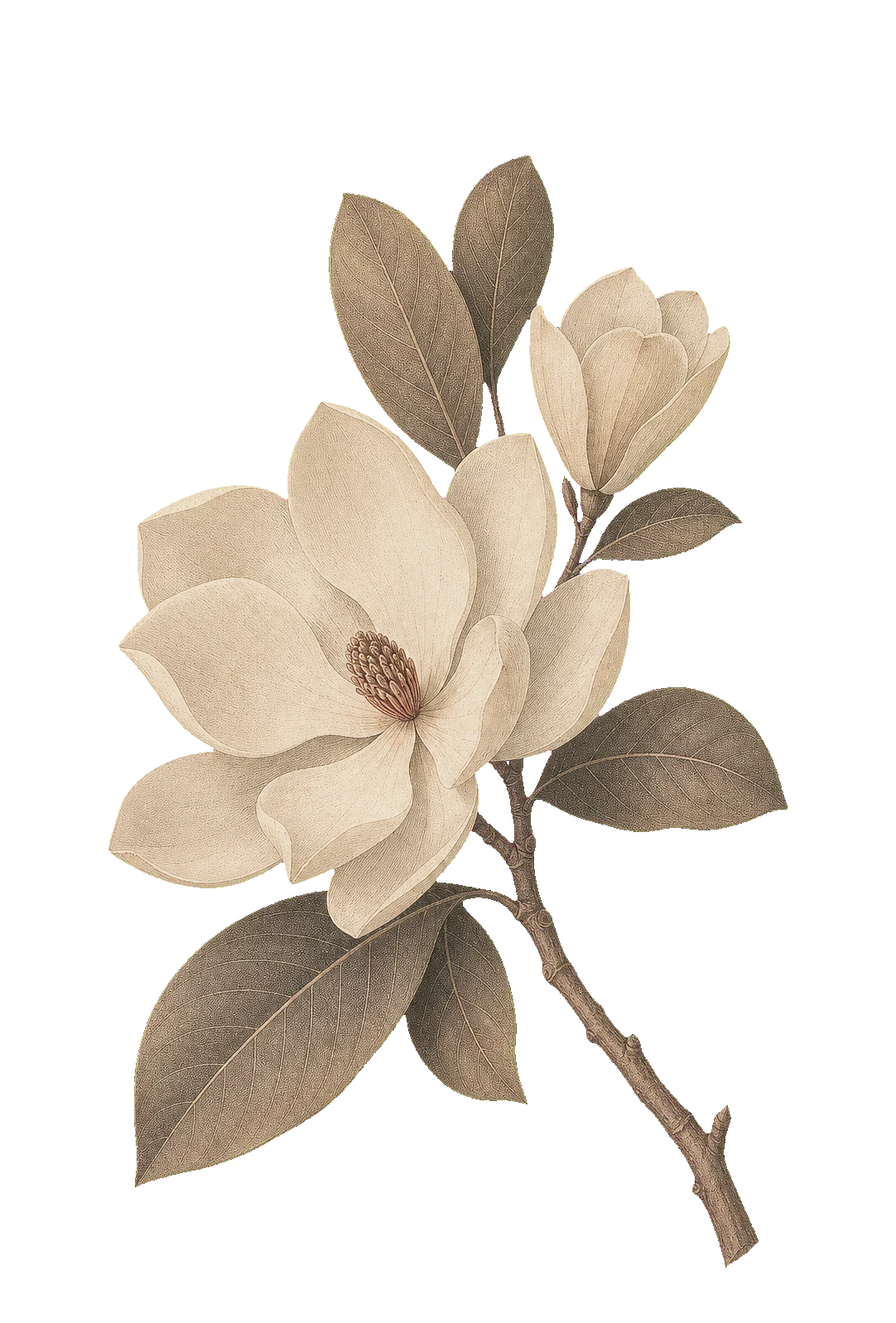 An archival ivory magnolia bloom with broad olive leaves and a graceful branch.